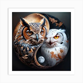 Owls In A Yin Yang Symbol Emphasizing Contrast And Balance Art Print