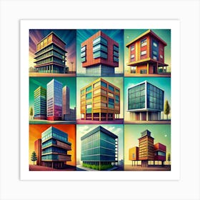 Colorful Modern Office Buildings Illustration Art Print