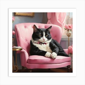 Cat Nap Tuxedo Cat Napping In Pink Interior Art Print Art Print