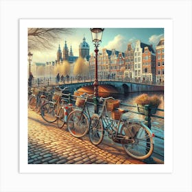 Bicycles Lined Up Along An Amsterdam Bridge In A Charming Digital Illustration, Style Digital Painting 2 Art Print