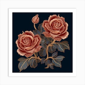 Dark Vintage Line Art of Roses Art Print