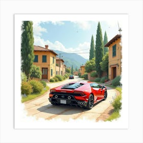 Watercolor Lamborghini Sián Driving Through A Quaint Village 1 1 Art Print