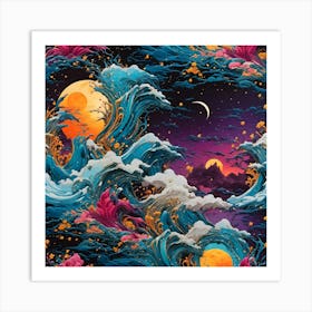 Moon And Waves Art Print