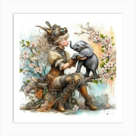 Steampunk Girl With Elephant Art Print