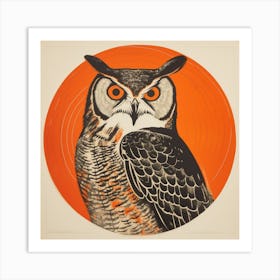 Retro Bird Lithograph Great Horned Owl 4 Art Print