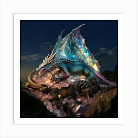 Firefly Dragon, Iridescent, Scales, Gemstones, Light, Reflection, Perched, Mountain, Peak, Mythical, (10) Art Print