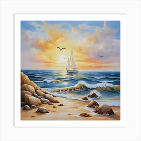 Oil painting design on canvas. Sandy beach rocks. Waves. Sailboat. Seagulls. The sun before sunset.35 Art Print