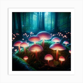 Glowing pink mushrooms of various sizes inhabit a dense forest at night, casting an eerie glow on the surrounding trees and moss-covered ground Art Print