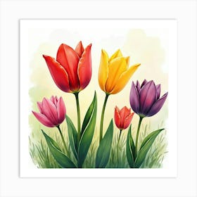 Vibrant Watercolor Tulips In A Spring Garden Scene 1 Art Print