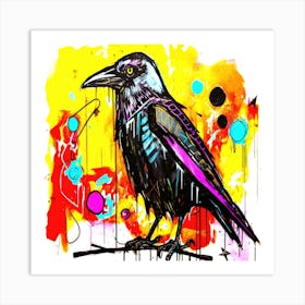 Crow Colorful - Black Bird On Twig Art Print