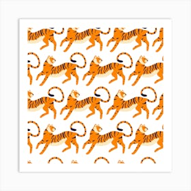 Prancing Tiger Pattern On White Square Art Print
