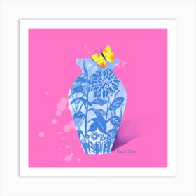 Blue Floral With Yellow Butterfly On Pink Square Art Print