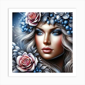 Beautiful Girl With Blue Roses Art Print