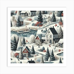 Winter Village And A Lake Art Print