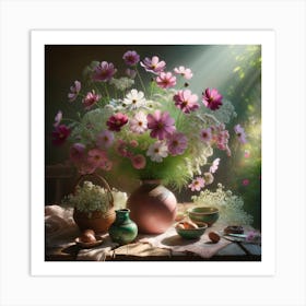 Cosmos Flowers In A Vase on Table Art Print