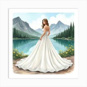 Beautiful Gown Watercolor, With A Serene Mountain Lake View 1 Art Print