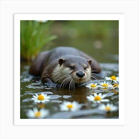 Otters Playing By River Daisies 1 Art Print