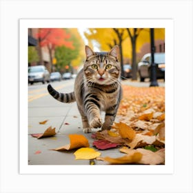 Cat Walking In Autumn Leaves 3 Art Print