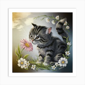 Spring Whimsy A Playful Tabby Cat And A Vibrant Daisy (4) Art Print