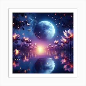 Lotus Flower At Night Art Print