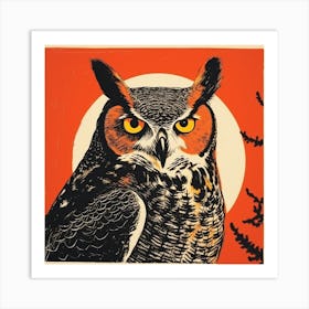 Retro Bird Lithograph Great Horned Owl 3 Art Print