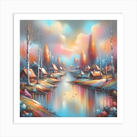 Autumn Village By The River Art Print