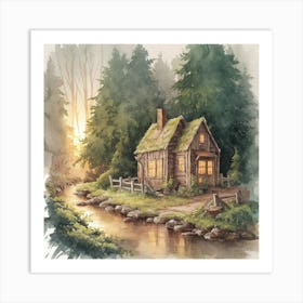 Enchanted Retreat A Serene Watercolor Of A Rustic Cabin In A Verdant Forest (3) Art Print