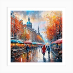 Amsterdam cafes, autumn season, rain, autumn oil colours.Faded colours,People passing on the street, winter clothes, rain umbrellas.10 Art Print