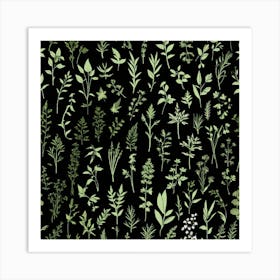 Green Leaves On Black Background Art Print