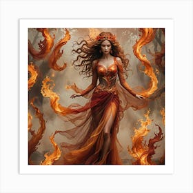 elegant fire woman stands draped in layers of ethereal tulle that swirl around her like living flames.  Art Print