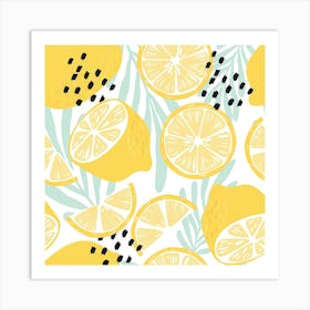 Lemon Pattern On White With Florals Square Art Print