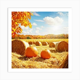 Autumn Harvest Scene Featuring Oversized Pumpkins Nestled Among Stalks Of Sunlit Corn Bales Of Hay (6) Art Print