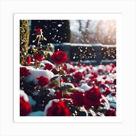 Formal Rose Garden with Red Roses in Falling Snow Art Print