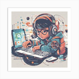 Boy With Headphones And A Laptop 1 Art Print