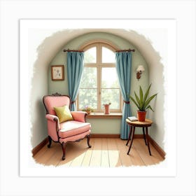 A Cozy English Reading Nook With A Cup Of Tea And A Book, Watercolor Style 1 Art Print