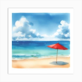 Beach Vibes: A Watercolor Art Print of a Calming Beach with a Red Umbrella Art Print