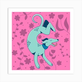 Pink Sighthound Whippet Greyhound Dog on Floral Background Art Print
