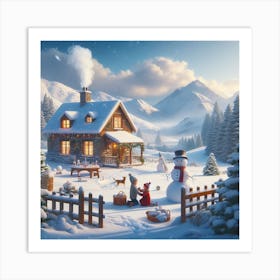 Winter Scene With Snowman Art Print