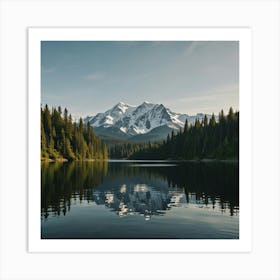 A Calm Lake Surrounded By Dense Pine Forests And Towering Snow-Capped Mountains 2 Art Print