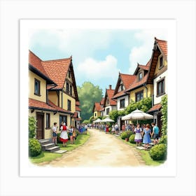 English Village With Romanian Cultural Events, Painted In Watercolor 1 Art Print