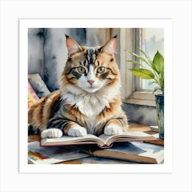 Cat Reading Book Art Print