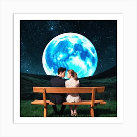 Couple Sitting On Bench With Moon 1 Art Print