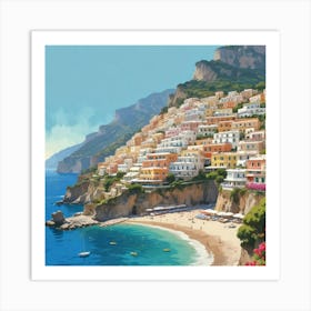 Positano, Amalfi Coast, Italy - Retro Landscape Beach and Coastal Theme Travel Poster Art Print Art Print