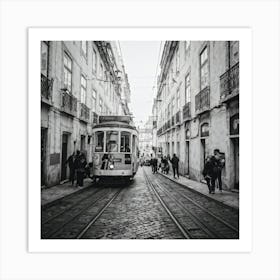 Black And White Photo Lisbons Vintage Tramway Weaving Through Narrow Historic City Streets Tram D (2) Art Print