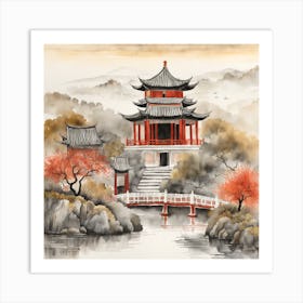 Chinese Temple Landscape Painting (11) Art Print