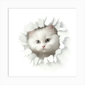 White Cat Peeking Out Of A Hole Art Print