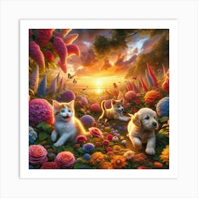 Kitten And Puppies Playing Art Print