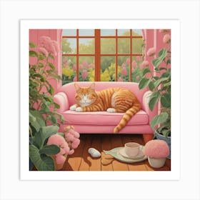 Default Napping Ginger Cat In Pink Garden Room Art 3 Art Print