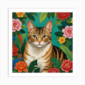 Frida Kahlo Two Cats Mexican Painting Botanical Floral Art Print Art Print