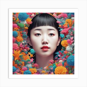 Asian Girl Surrounded By Flowers Art Print